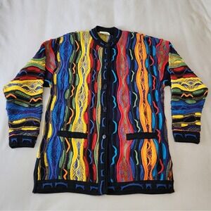 Aklanda Australia Merino Wool 3D Knit Cardigan Sweater Mens Large Multi Color
